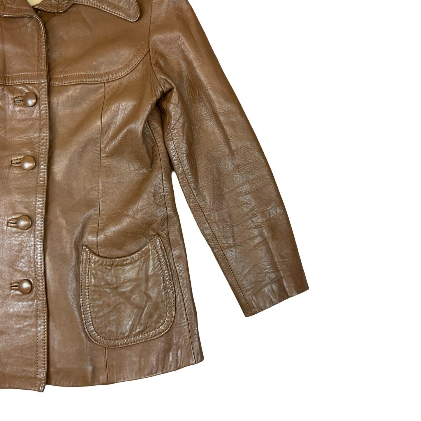VTG 1970s LADIES SOFT BROWN NAPPA LEATHER JACKET LARGE ROUNDED COLLARS SIZE 8