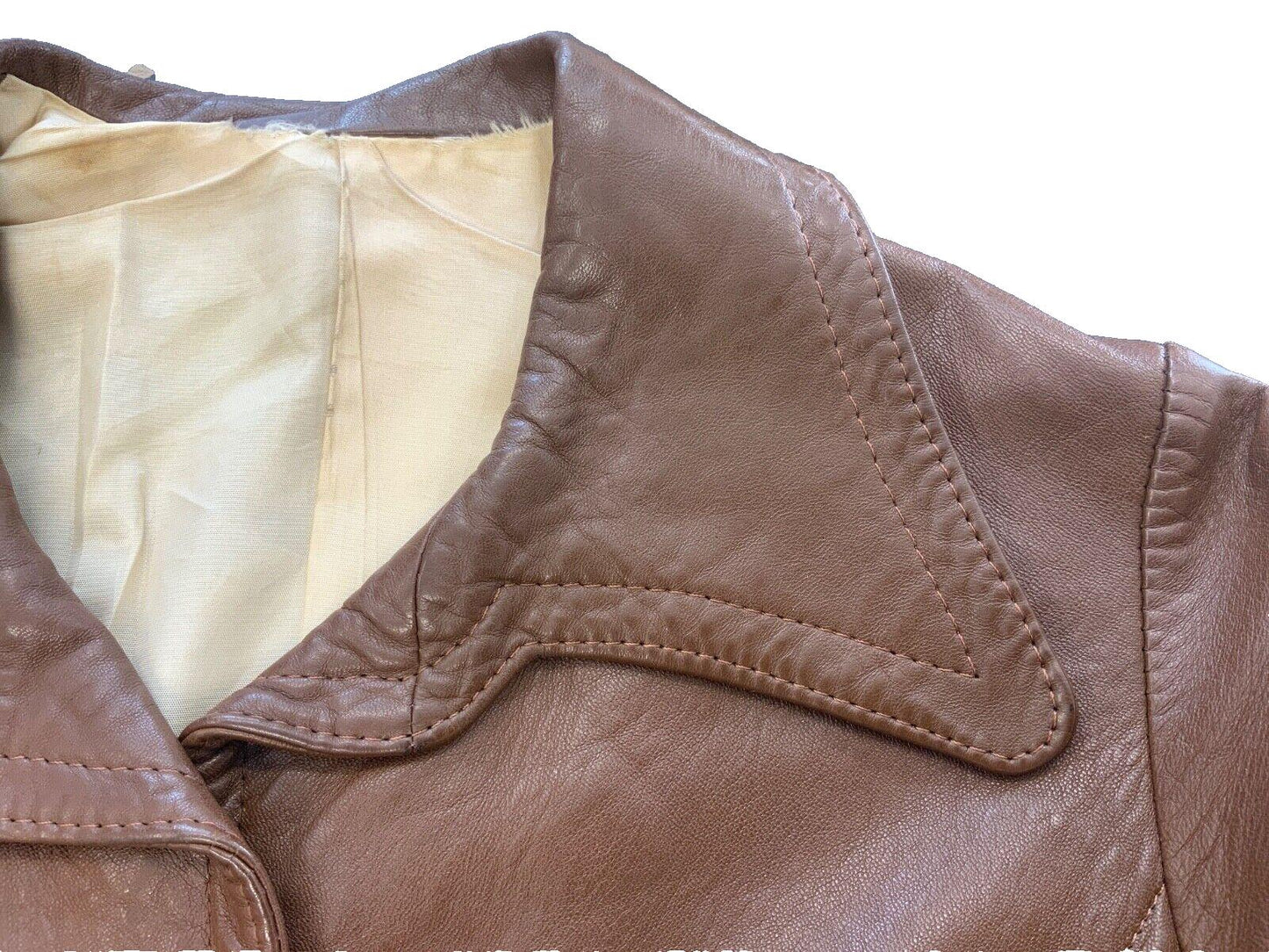 VTG 1970s LADIES SOFT BROWN NAPPA LEATHER JACKET LARGE ROUNDED COLLARS SIZE 8