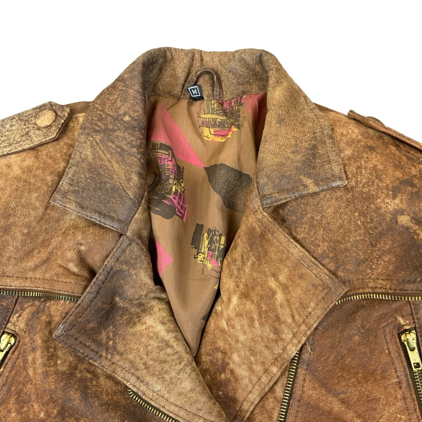 VTG 80s 90s BROWN LEATHER CROPPED BIKER JACKET SIZE UK 10 12