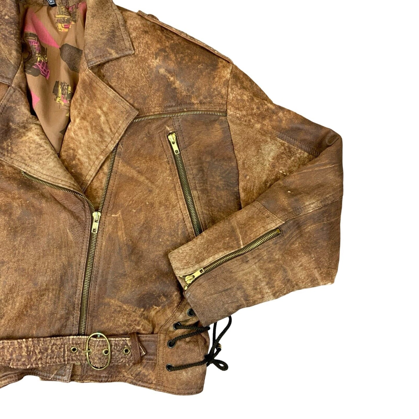 VTG 80s 90s BROWN LEATHER CROPPED BIKER JACKET SIZE UK 10 12
