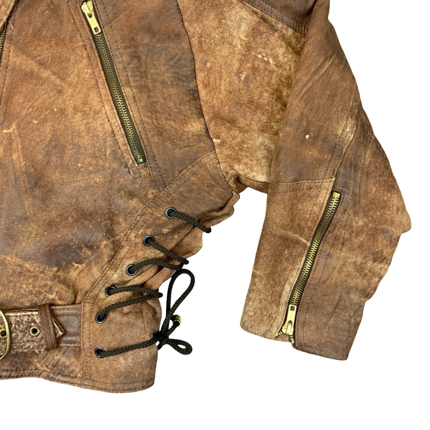 VTG 80s 90s BROWN LEATHER CROPPED BIKER JACKET SIZE UK 10 12