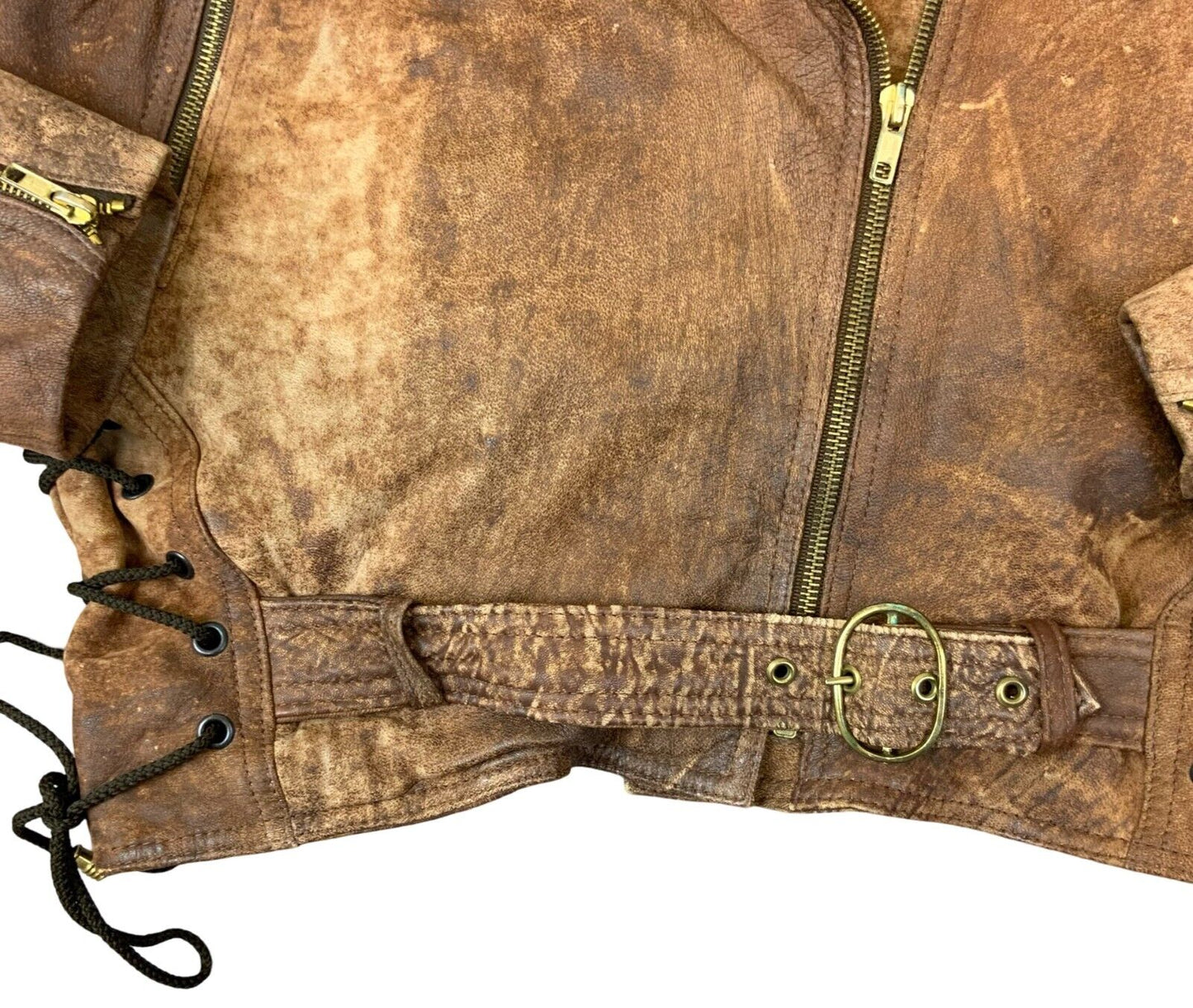 VTG 80s 90s BROWN LEATHER CROPPED BIKER JACKET SIZE UK 10 12