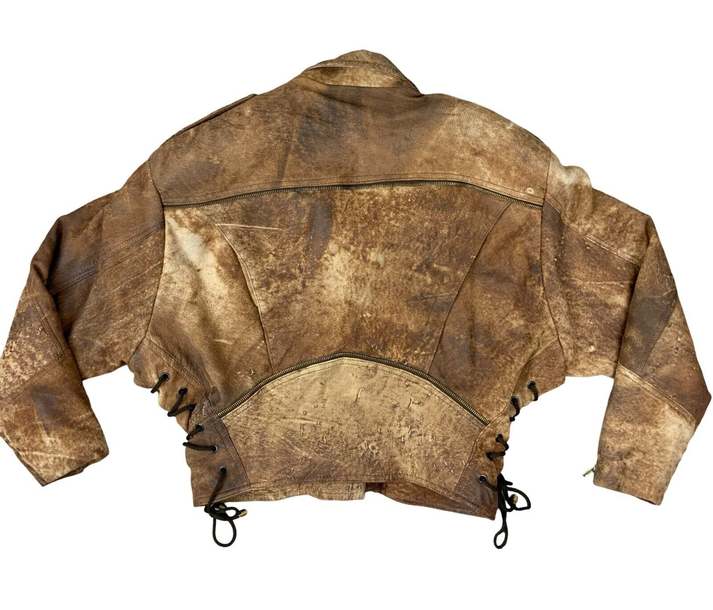 VTG 80s 90s BROWN LEATHER CROPPED BIKER JACKET SIZE UK 10 12