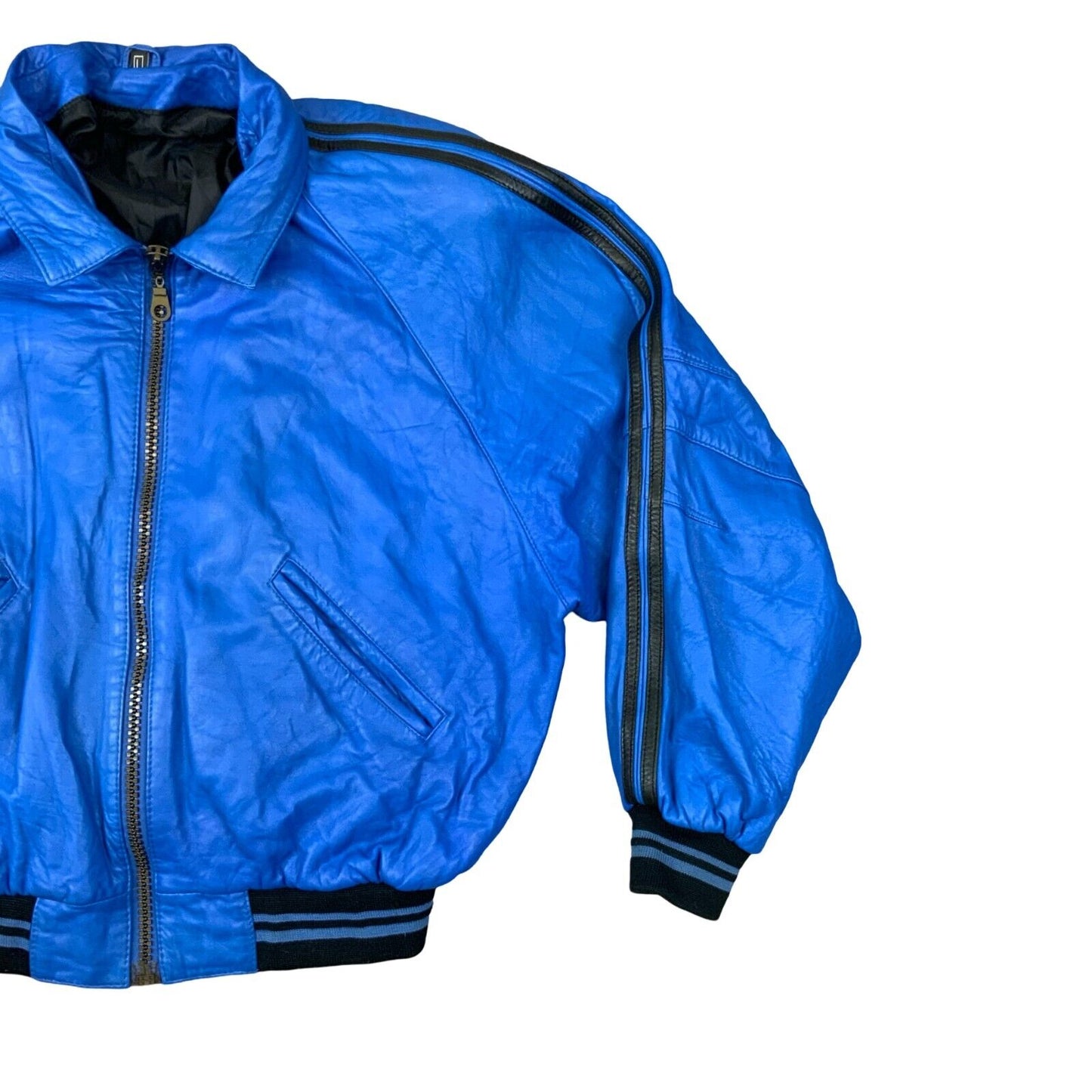 VTG 1980S BRIGHT BLUE SOFT LAMBSKIN LEATHER VARSITY STYLE BOMBER JACKET L 44