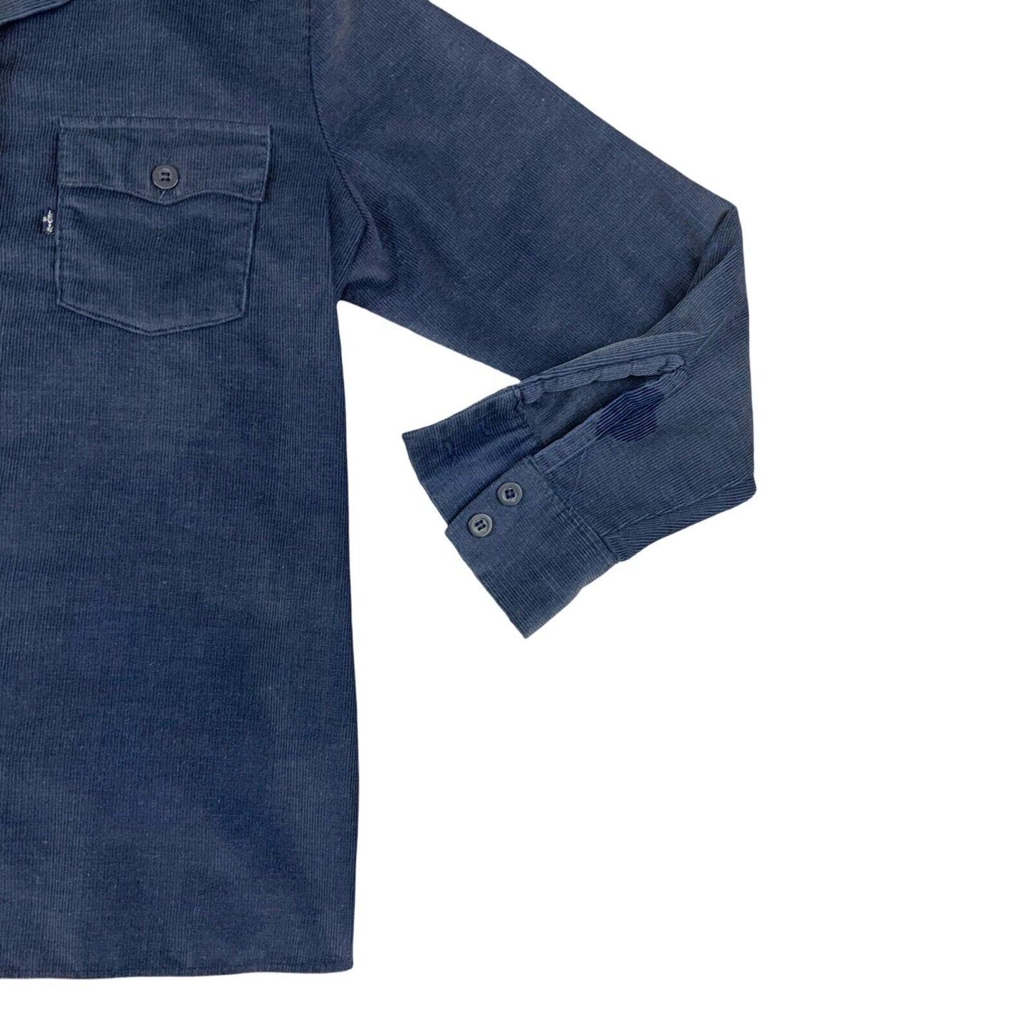 70s LEVIS BIG E BLUE TAB NAVY CORDUROY 2 POCKET DAGGER COLLAR EPAULETTES SHIRT S