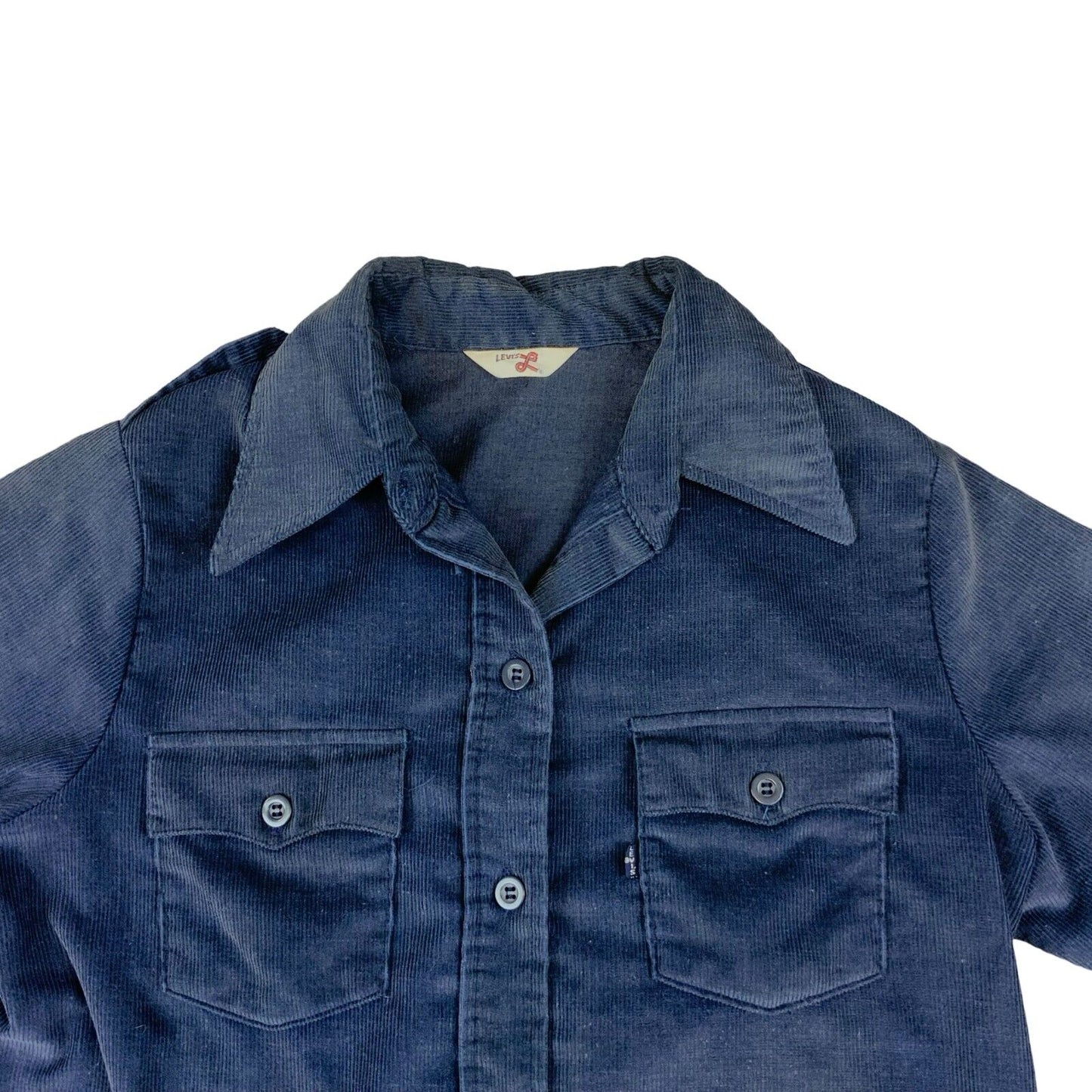 70s LEVIS BIG E BLUE TAB NAVY CORDUROY 2 POCKET DAGGER COLLAR EPAULETTES SHIRT S