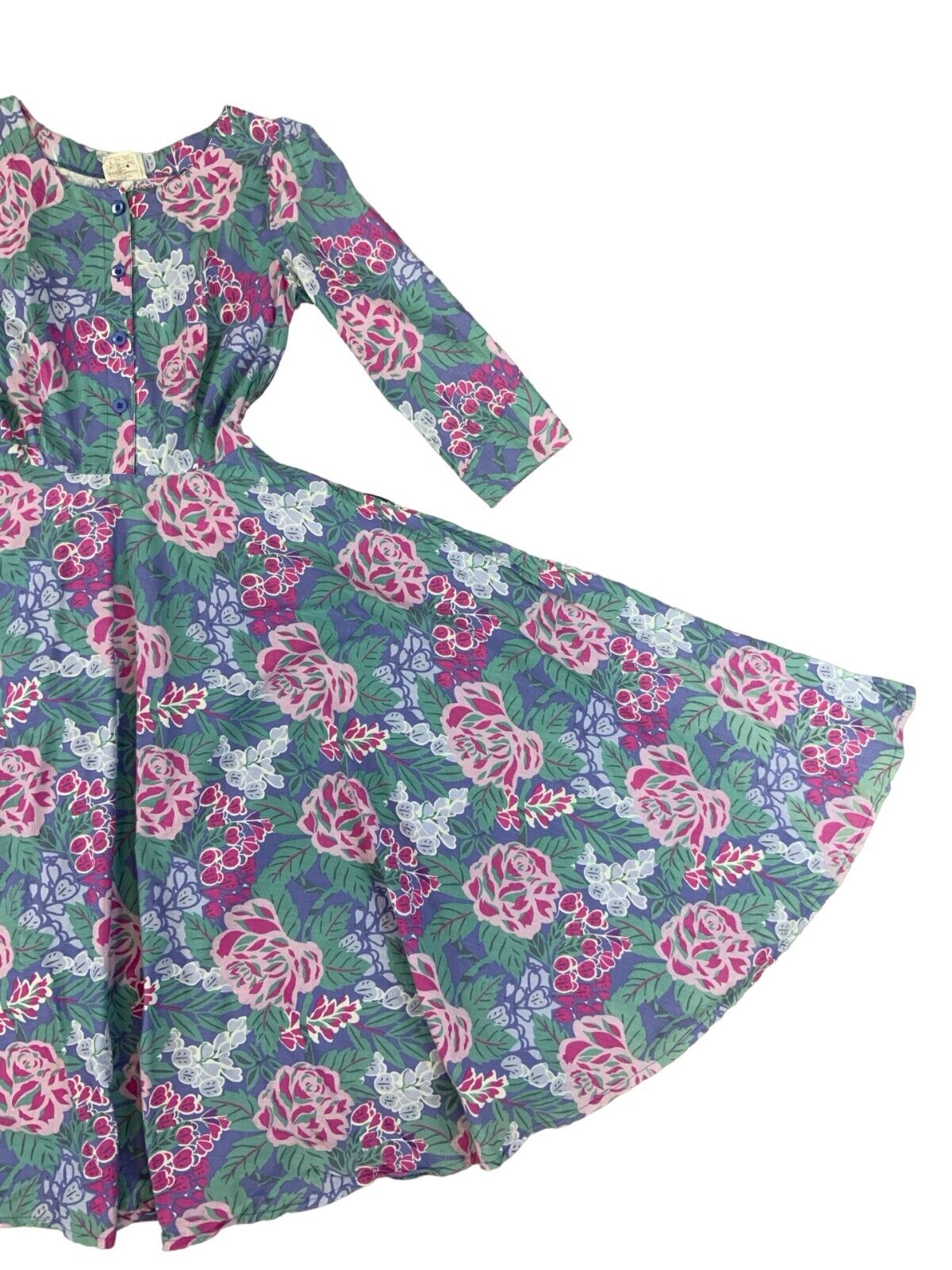 VTG 80s LAURA ASHLEY BLUE GREEN PURPLE FLORAL PLEATED MAXI DRESS UK 8 10