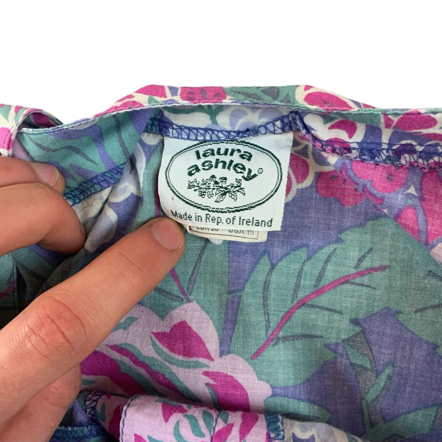 VTG 80s LAURA ASHLEY BLUE GREEN PURPLE FLORAL PLEATED MAXI DRESS UK 8 10