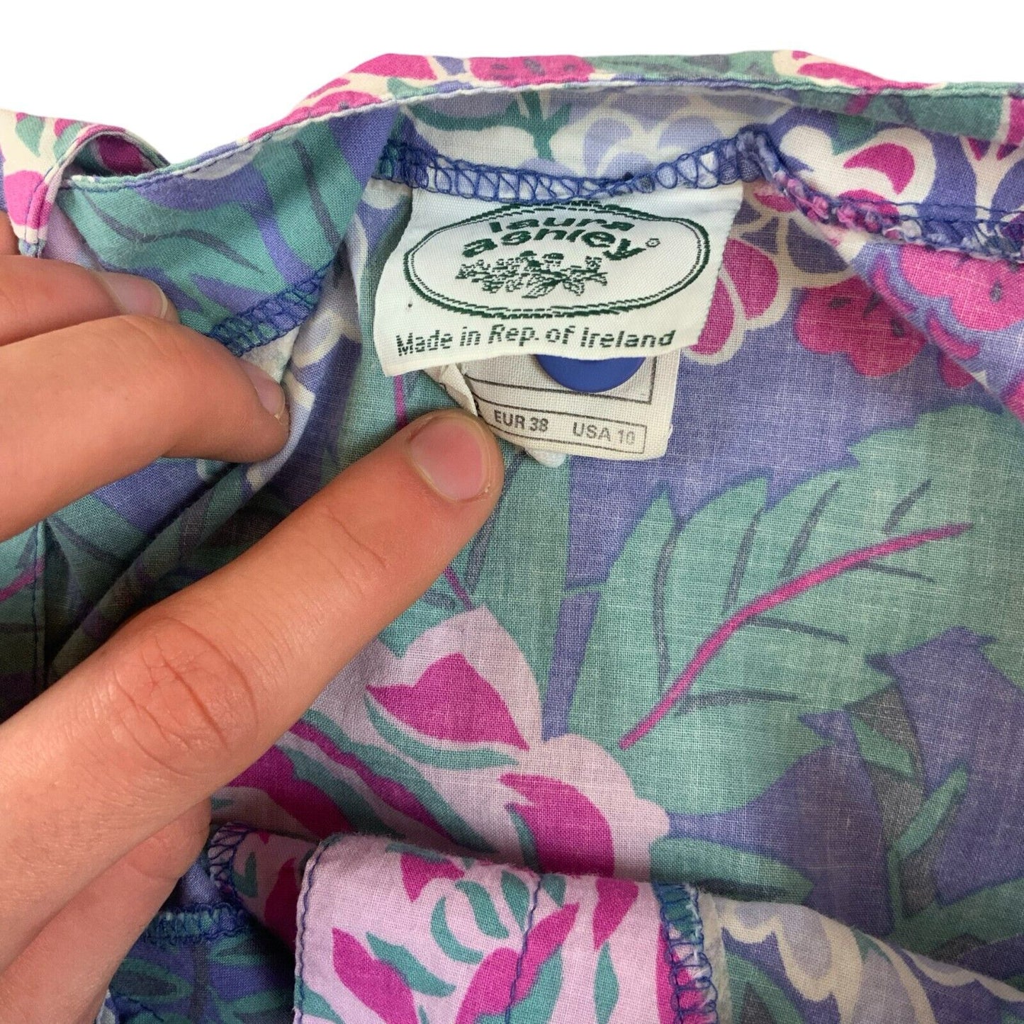 VTG 80s LAURA ASHLEY BLUE GREEN PURPLE FLORAL PLEATED MAXI DRESS UK 8 10