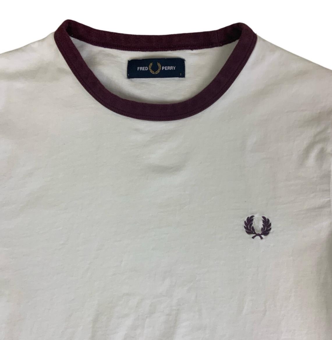 VTG FRED PERRY WHITE BURGUNDY RED SPORTS RINGER T-SHIRT SMALL