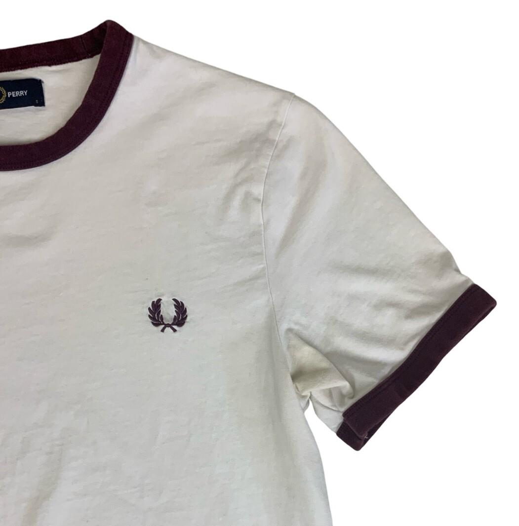 VTG FRED PERRY WHITE BURGUNDY RED SPORTS RINGER T-SHIRT SMALL