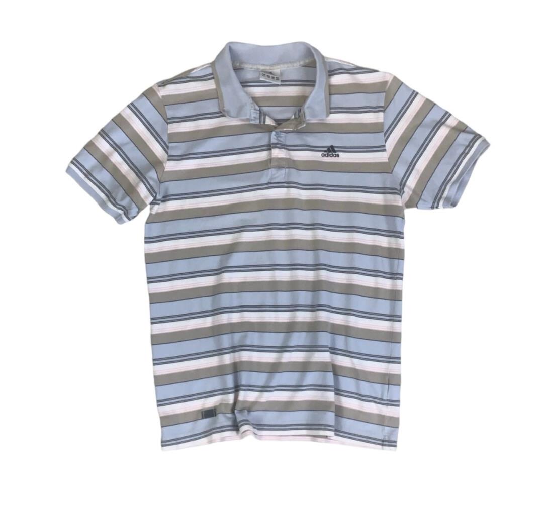 VTG 90S ADIDAS GREY BLUE WHITE STRIPED GOLF POLO NECK SHIRT MEDIUM