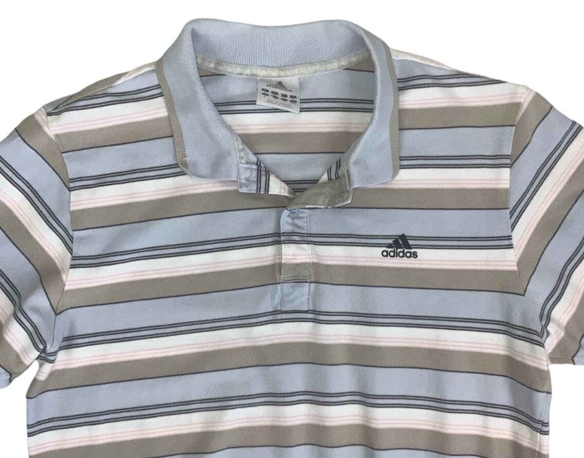VTG 90S ADIDAS GREY BLUE WHITE STRIPED GOLF POLO NECK SHIRT MEDIUM