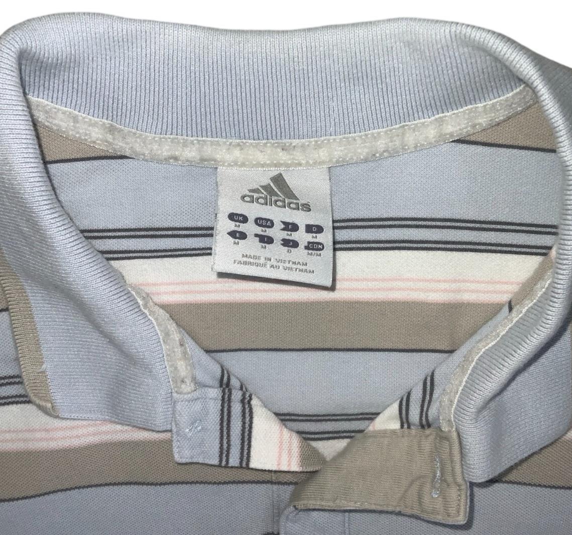 VTG 90S ADIDAS GREY BLUE WHITE STRIPED GOLF POLO NECK SHIRT MEDIUM