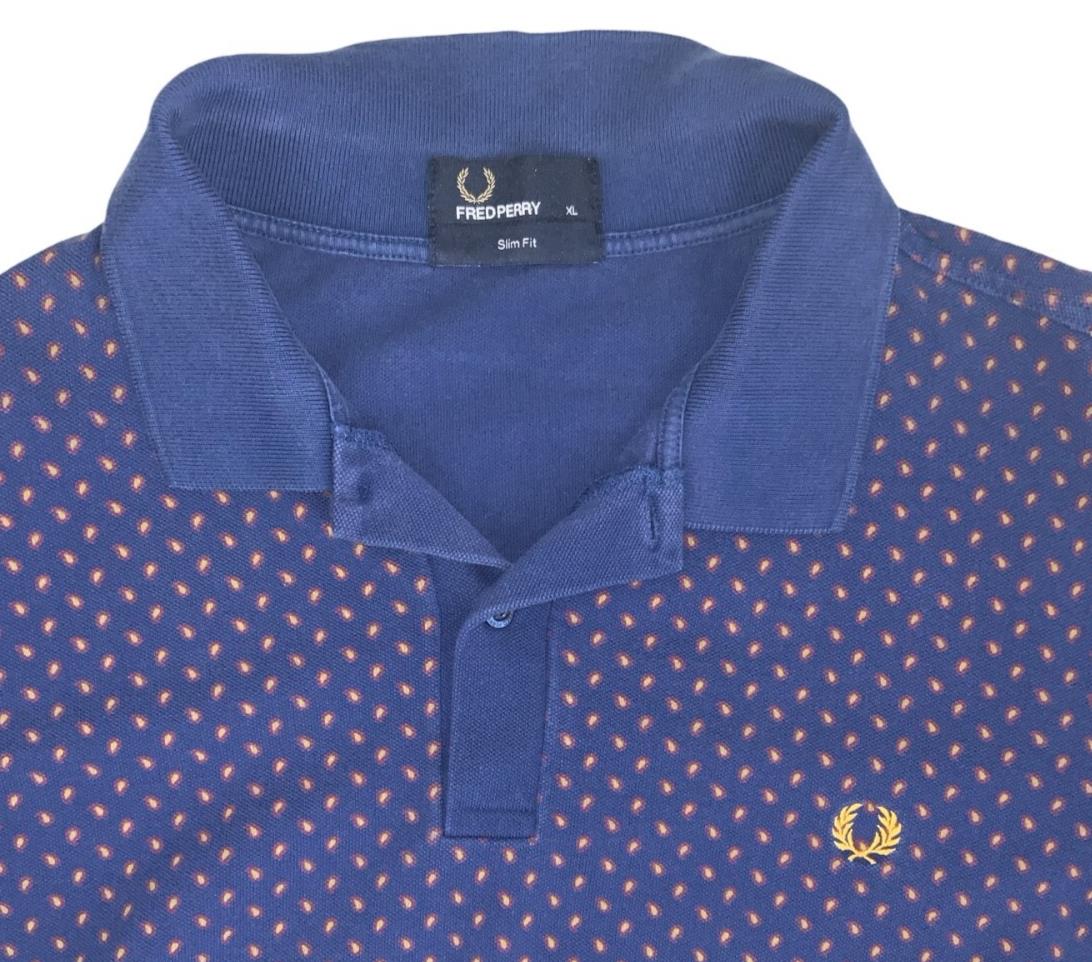 VTG FRED PERRY PAISLEY PRINT BLUE RED POLO NECK SHIRT LARGE