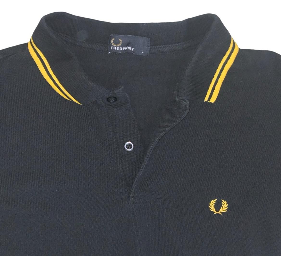 VTG FRED PERRY BLACK YELLOW TWIN TIPPED M3600 POLO NECK SHIRT SMALL