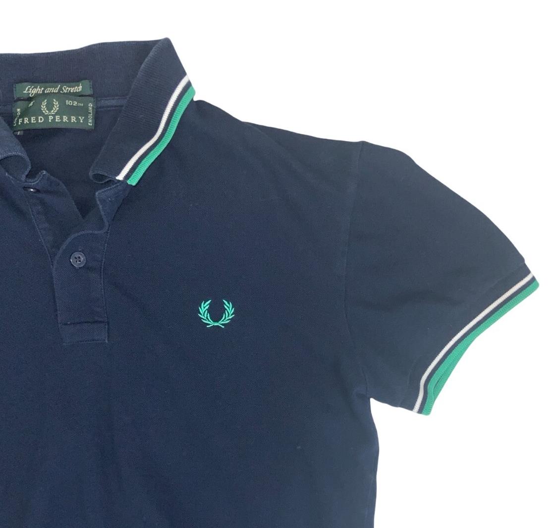 VTG 90S FRED PERRY BLUE WHITE GREEN TWIN TIPPED POLO NECK SHIRT SMALL