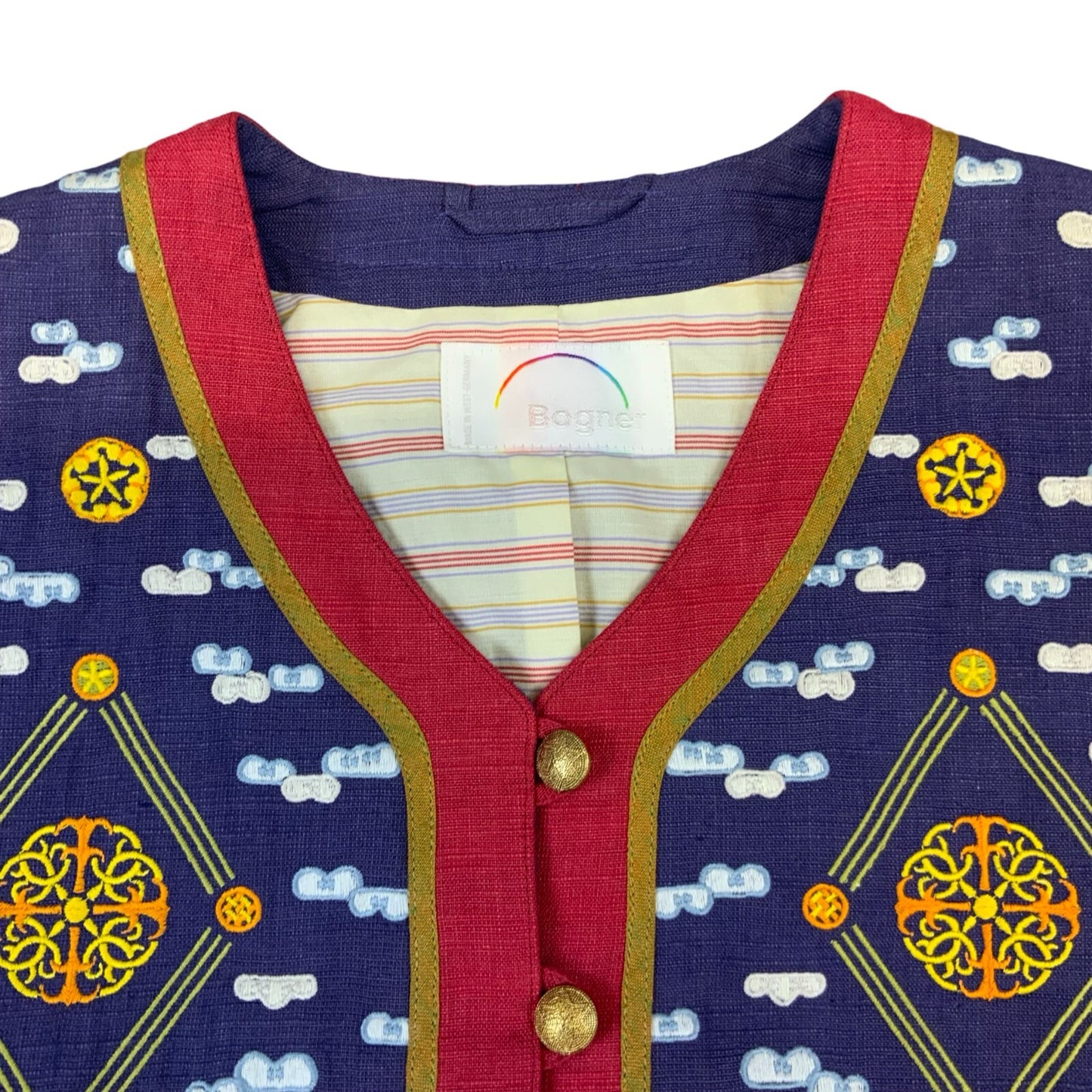 VTG 80s BOGNER MULTICOLOUR V NECK BUTTON UP EMBROIDERED LINEN JACKET UK 8 10