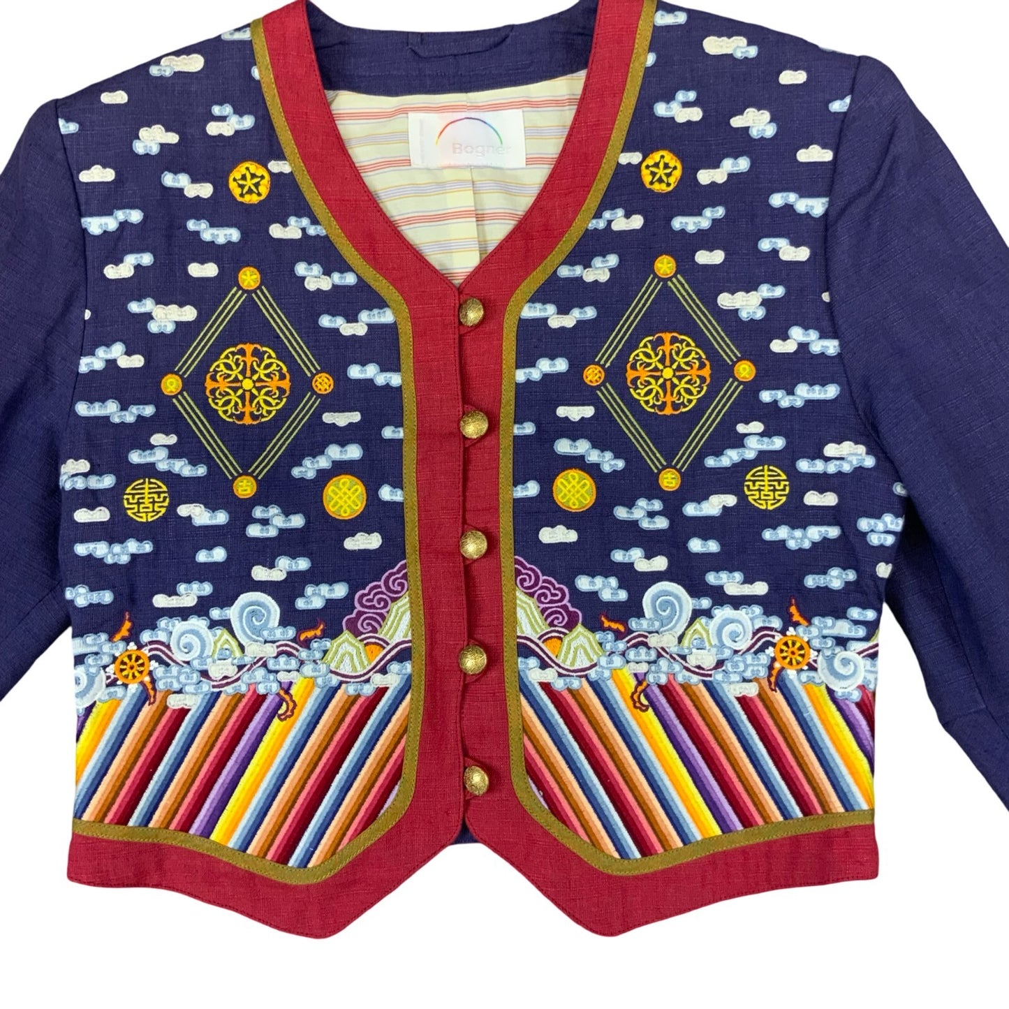 VTG 80s BOGNER MULTICOLOUR V NECK BUTTON UP EMBROIDERED LINEN JACKET UK 8 10