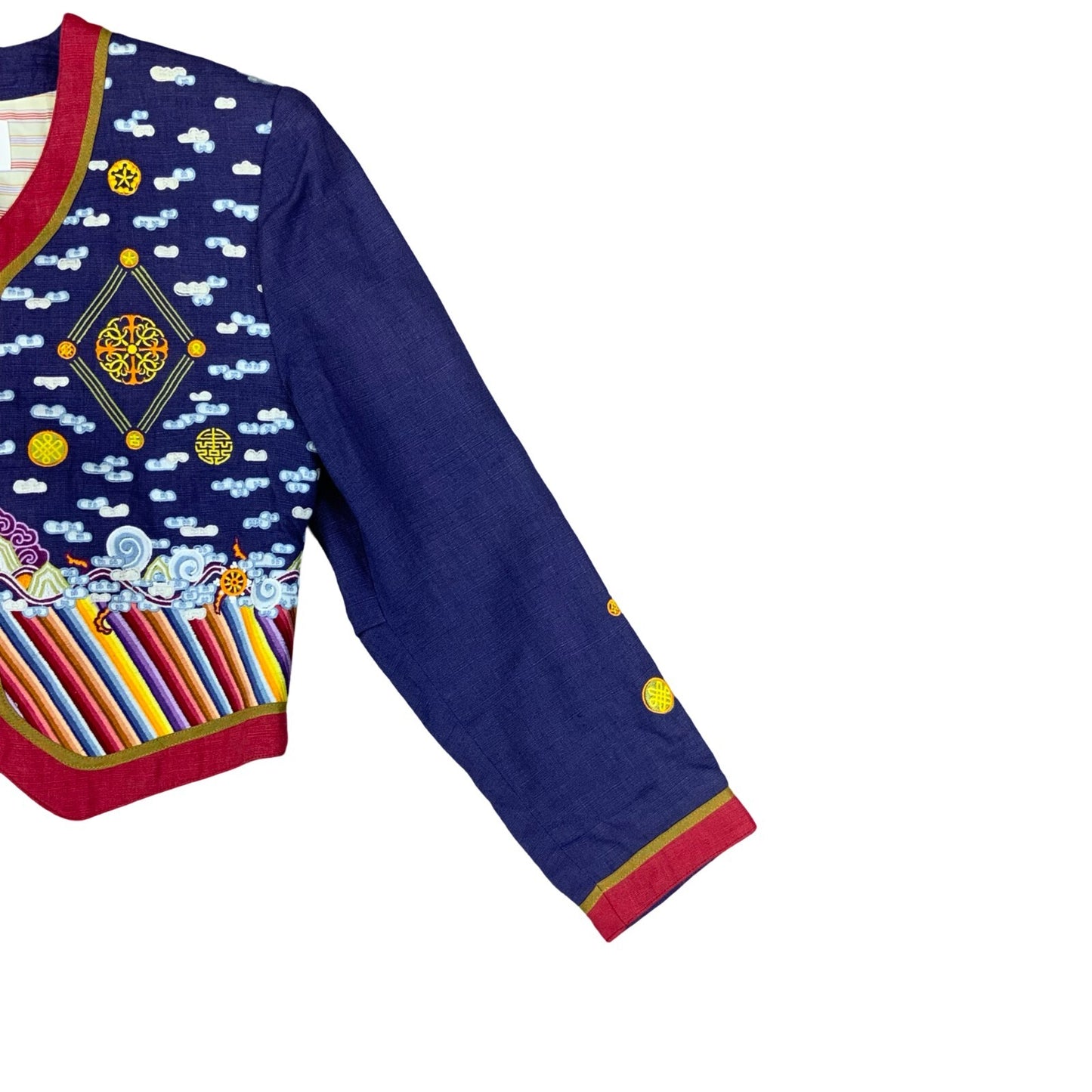 VTG 80s BOGNER MULTICOLOUR V NECK BUTTON UP EMBROIDERED LINEN JACKET UK 8 10