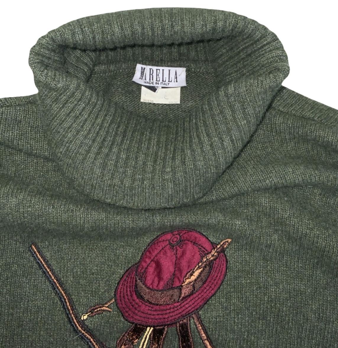 VTG MARELLA ITALIAN DESIGNER GREEN TURTLE NECK HUNTER GRAPHIC JUMPER UK 14 16