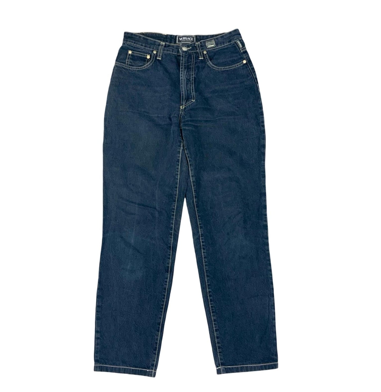VTG 90s VERSACE DARK INDIGO BLUE REGULAR TAPERED CROPPED JEANS UK 6