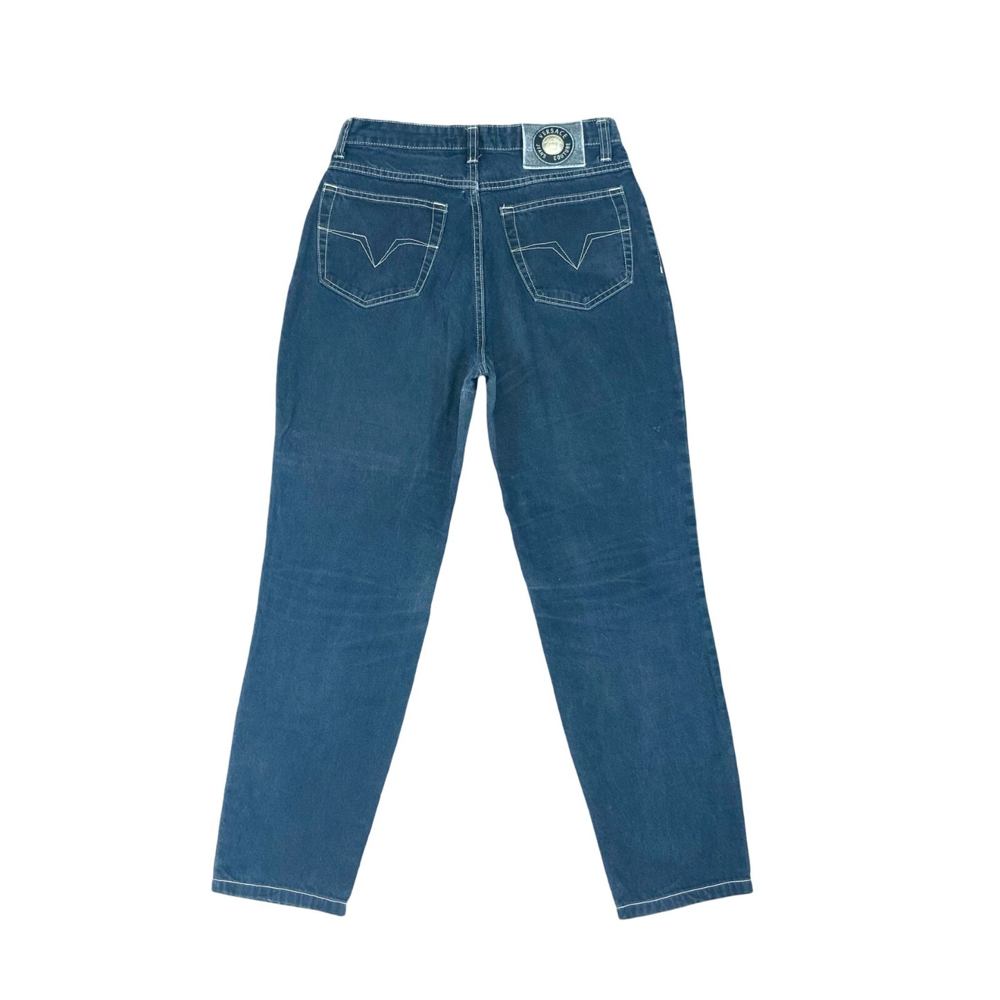 VTG 90s VERSACE DARK INDIGO BLUE REGULAR TAPERED CROPPED JEANS UK 6