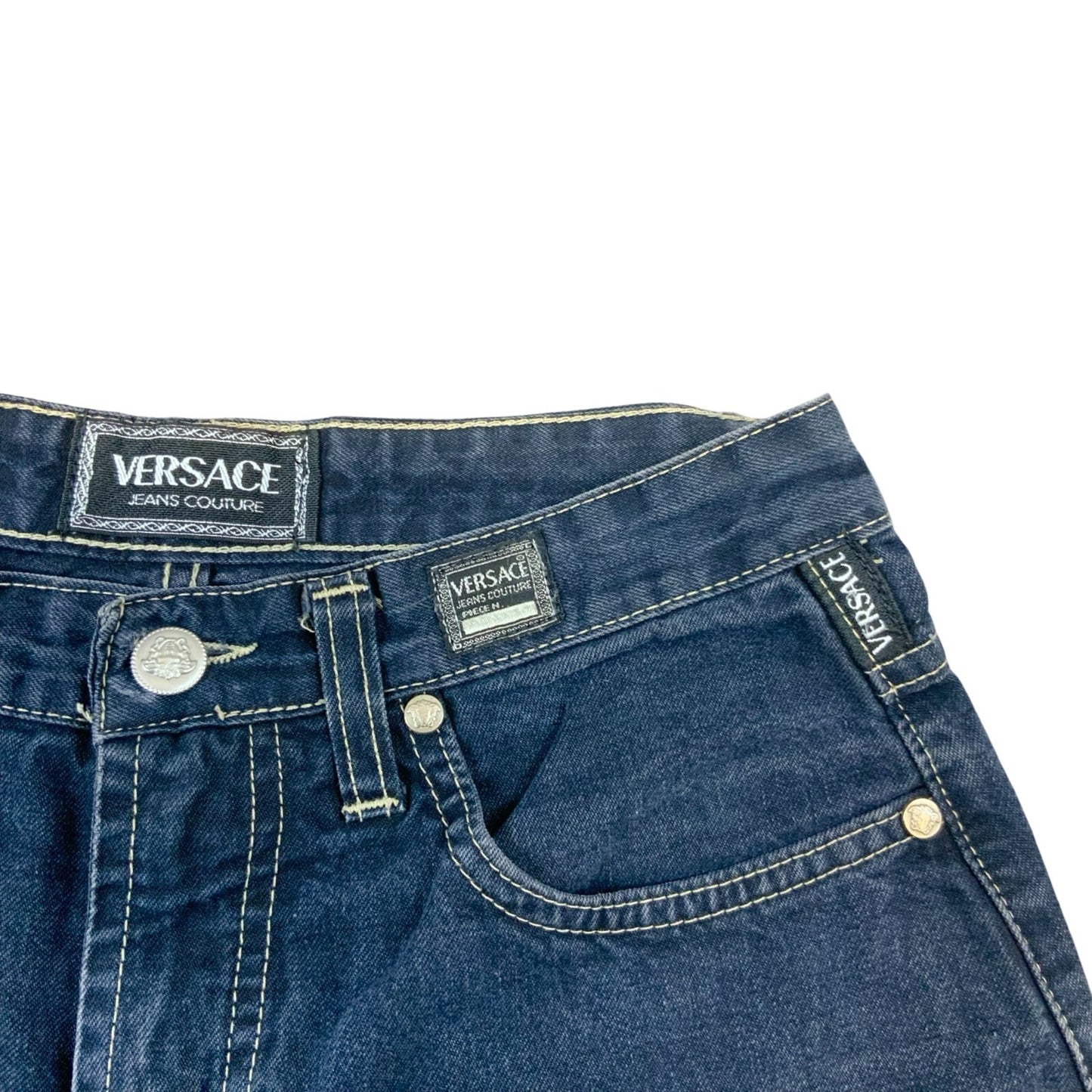 VTG 90s VERSACE DARK INDIGO BLUE REGULAR TAPERED CROPPED JEANS UK 6