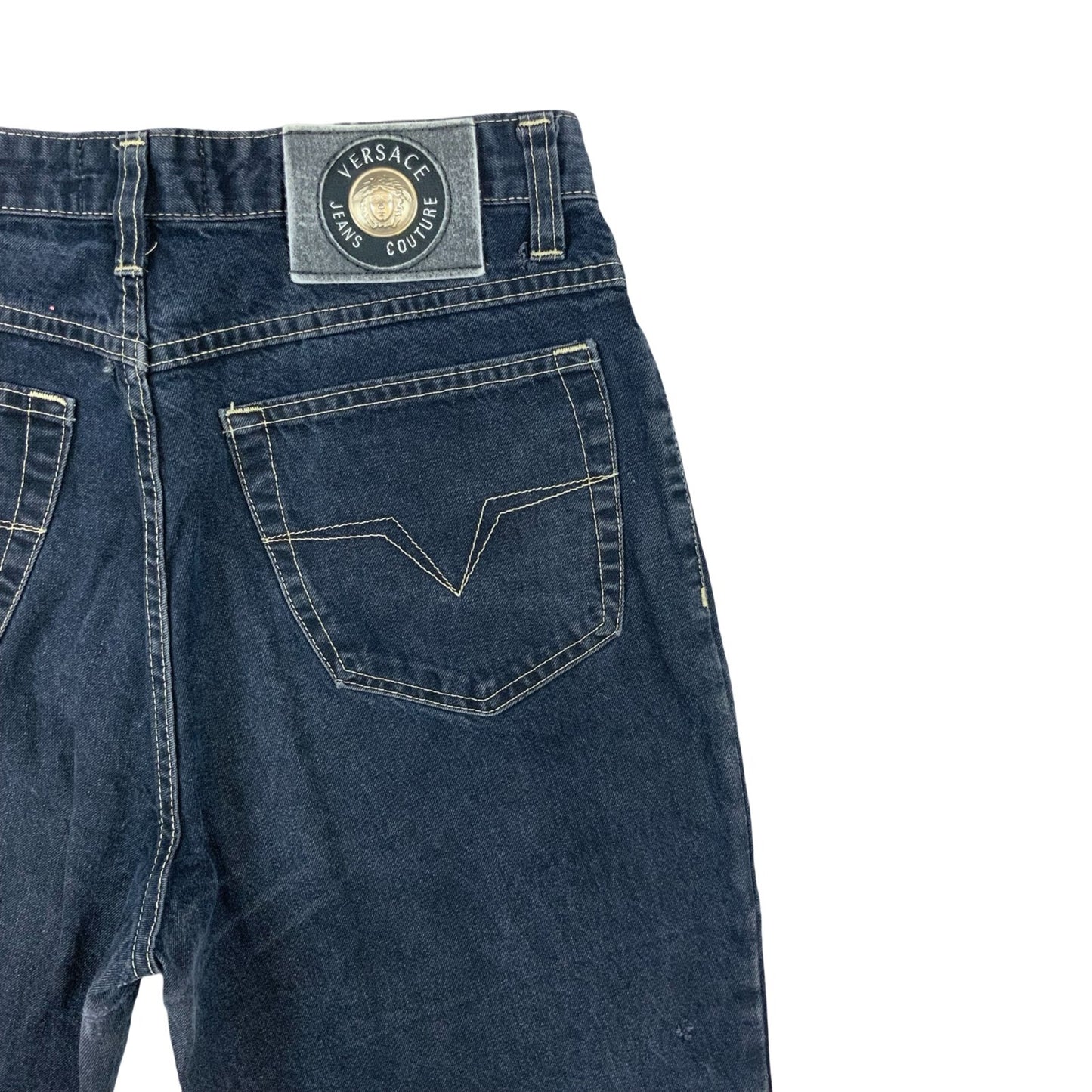 VTG 90s VERSACE DARK INDIGO BLUE REGULAR TAPERED CROPPED JEANS UK 6