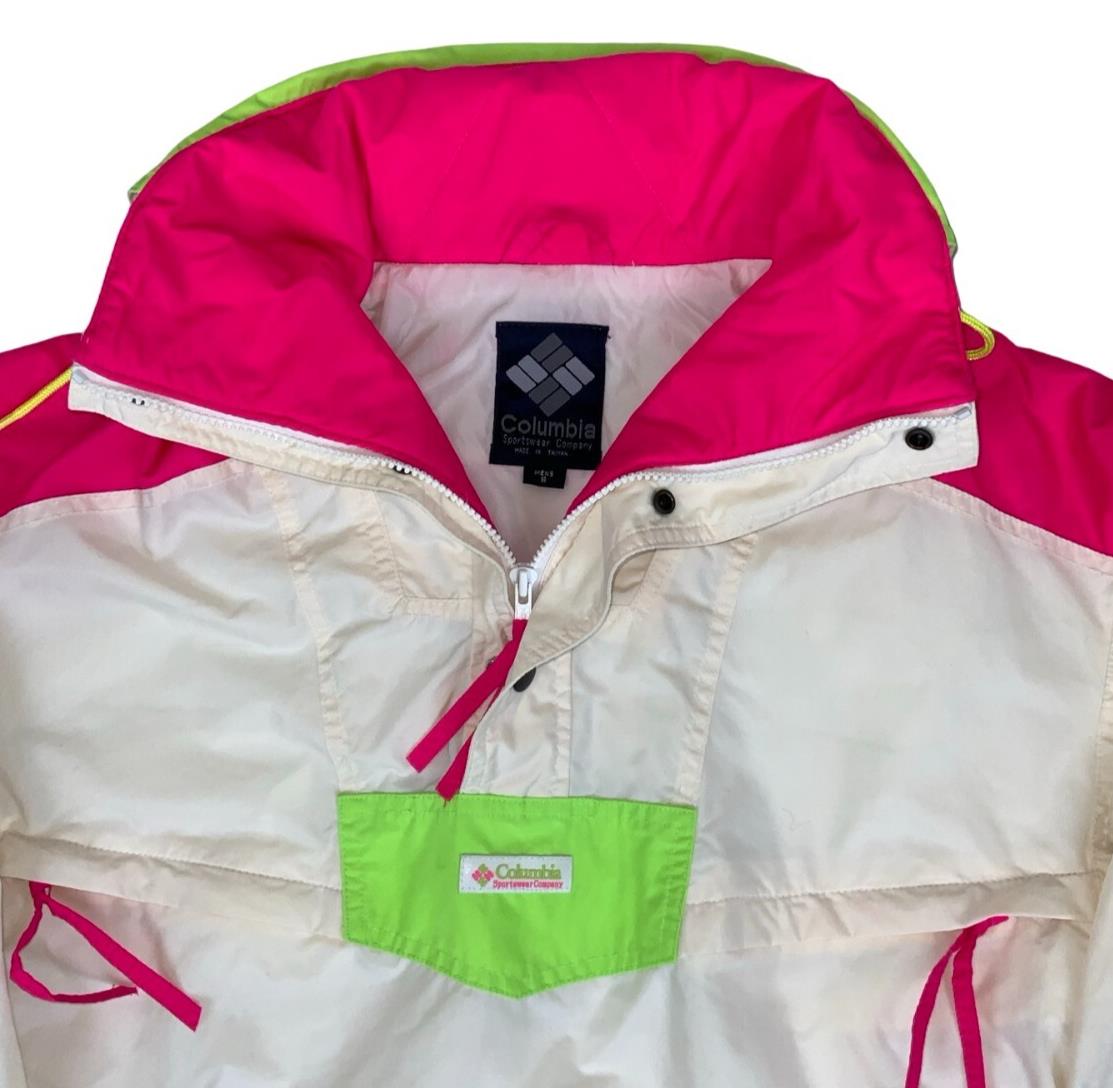 VTG 90s RETRO COLUMBIA PULLOVER NEON WHITE PINK GREEN WINDBREAKER MEDIUM