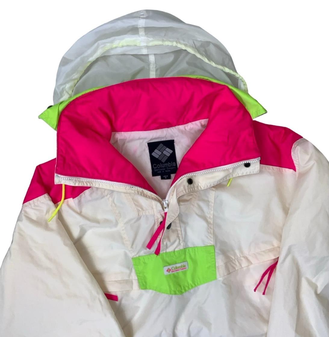 VTG 90s RETRO COLUMBIA PULLOVER NEON WHITE PINK GREEN WINDBREAKER MEDIUM