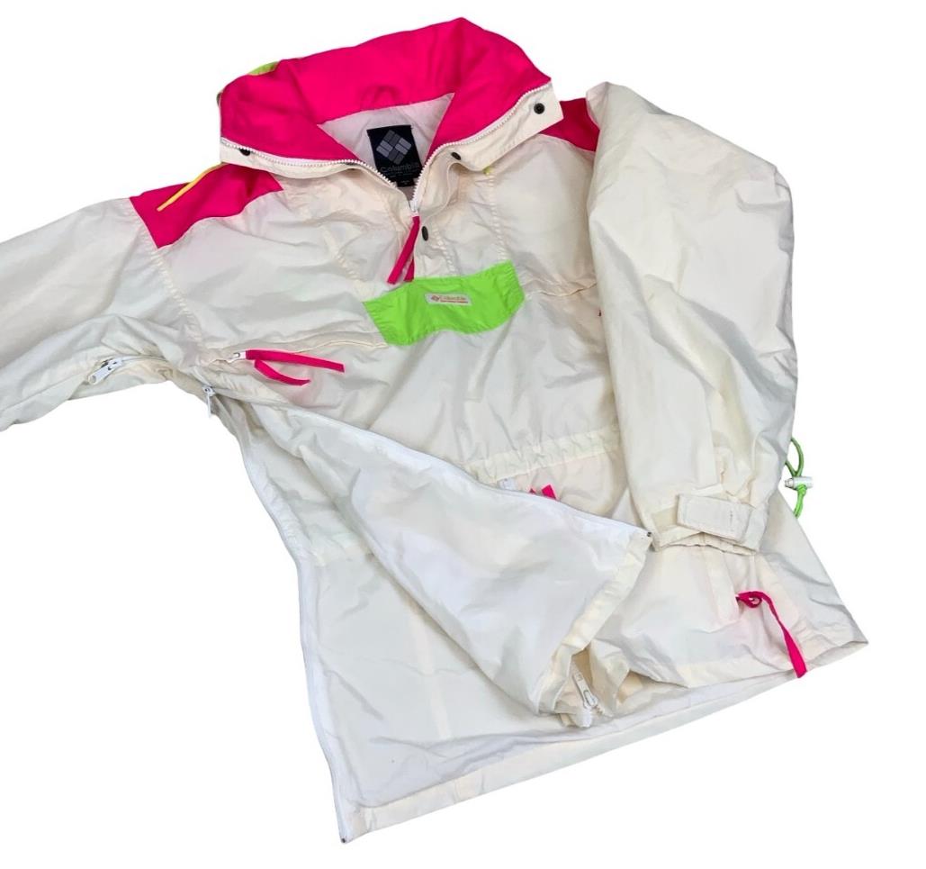 VTG 90s RETRO COLUMBIA PULLOVER NEON WHITE PINK GREEN WINDBREAKER MEDIUM