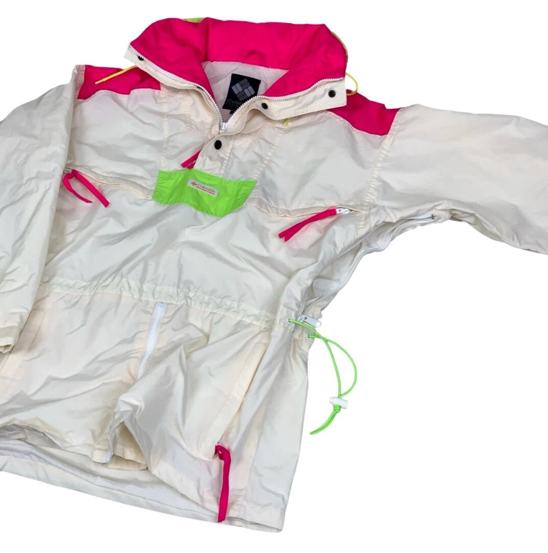 VTG 90s RETRO COLUMBIA PULLOVER NEON WHITE PINK GREEN WINDBREAKER MEDIUM