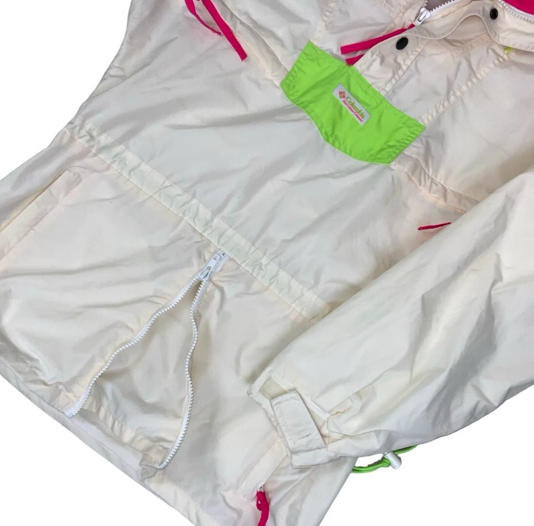 VTG 90s RETRO COLUMBIA PULLOVER NEON WHITE PINK GREEN WINDBREAKER MEDIUM