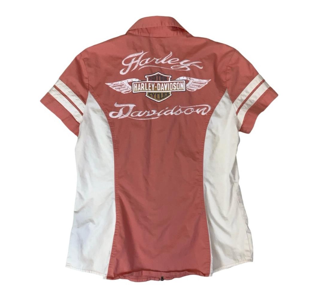 VTG Y2K HARLEY DAVIDSON GENUINE MOTORS ORANGE WHITE ZIP-UP SHIRT M