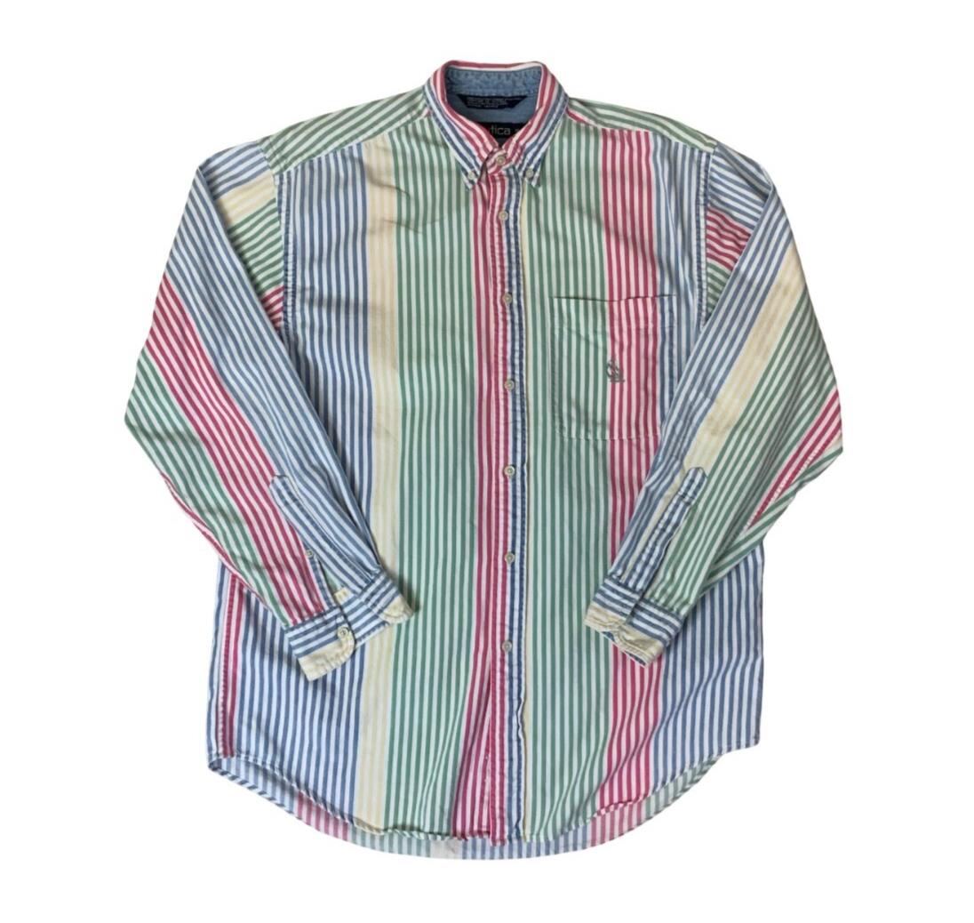 VTG Y2K NAUTICA MULTICOLOURED STRIPED LONG SLEEVED SHIRT M L