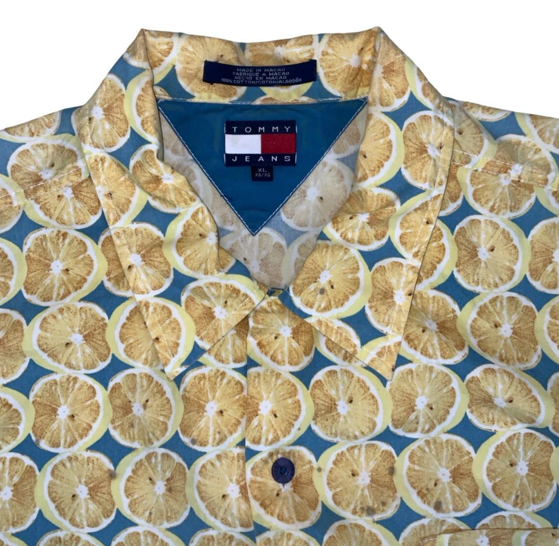 VTG 80S 90S TOMMY JEANS YELLOW BLUE LEMON SHORT SLEEVED SHIRT XL