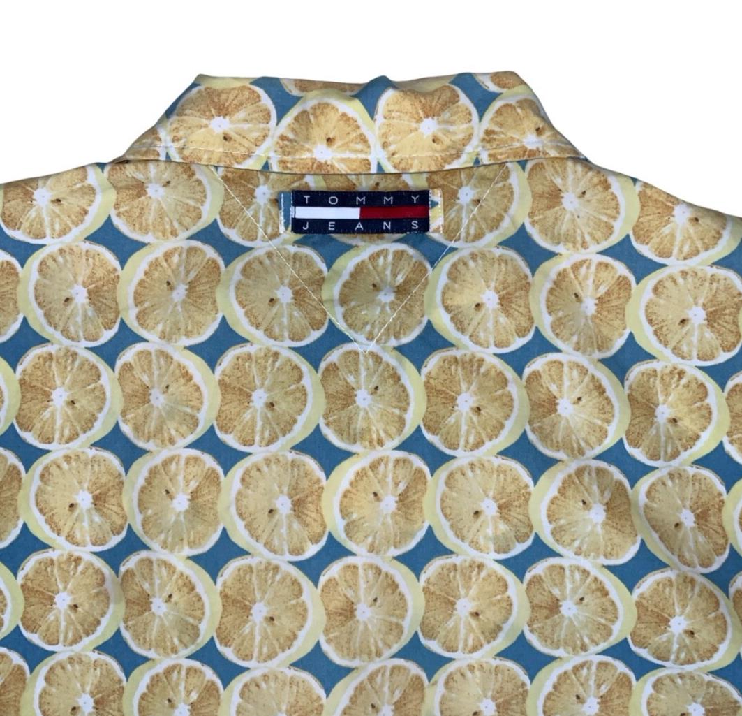 VTG 80S 90S TOMMY JEANS YELLOW BLUE LEMON SHORT SLEEVED SHIRT XL
