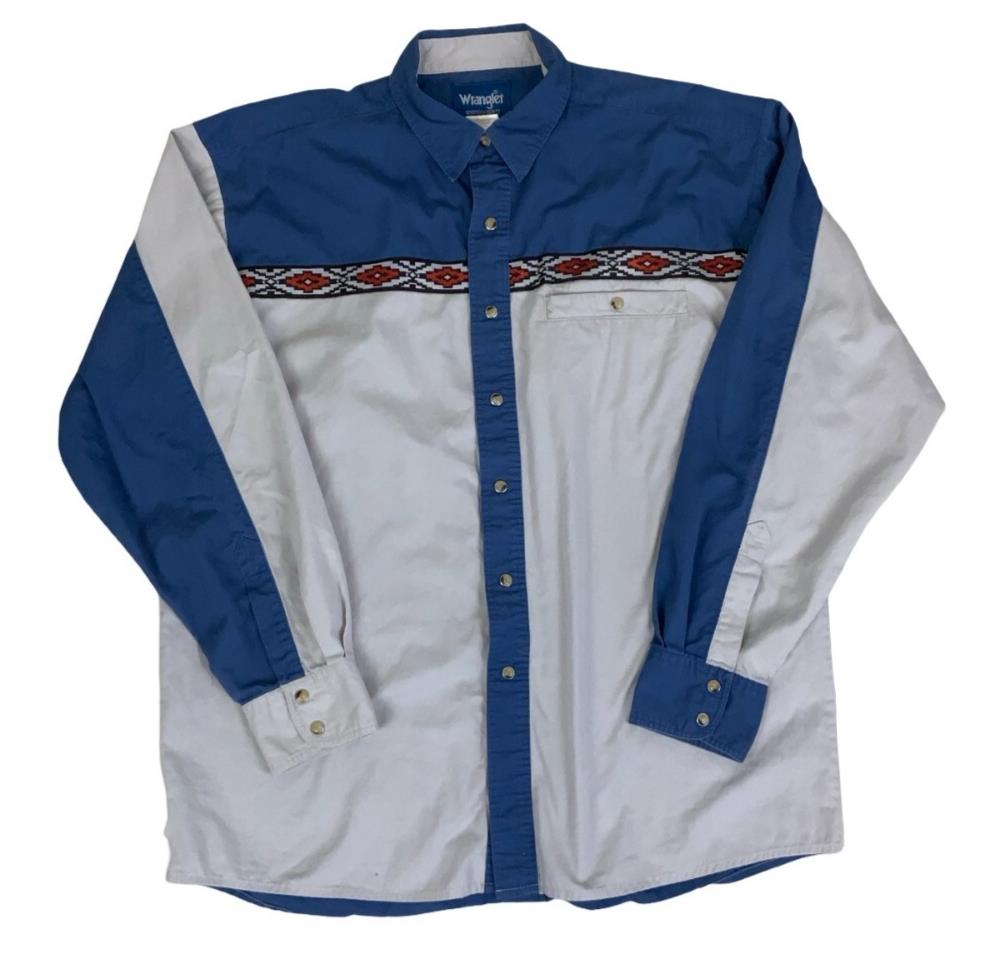 VTG 90S Y2K WRANGLER BLUE WHITE EMBROIDERED WESTERN LONG SLEEVED SHIRT XL