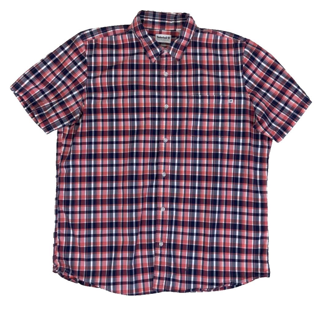 VTG 90S TIMBERLAND RED BLUE WHITE PLAID SHORT SLEEVED SHIRT XL
