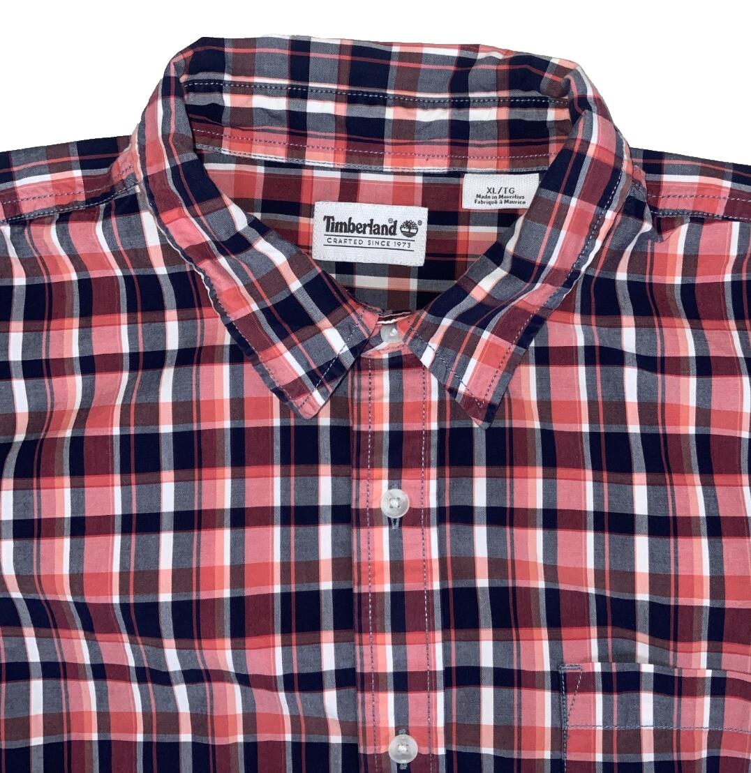VTG 90S TIMBERLAND RED BLUE WHITE PLAID SHORT SLEEVED SHIRT XL