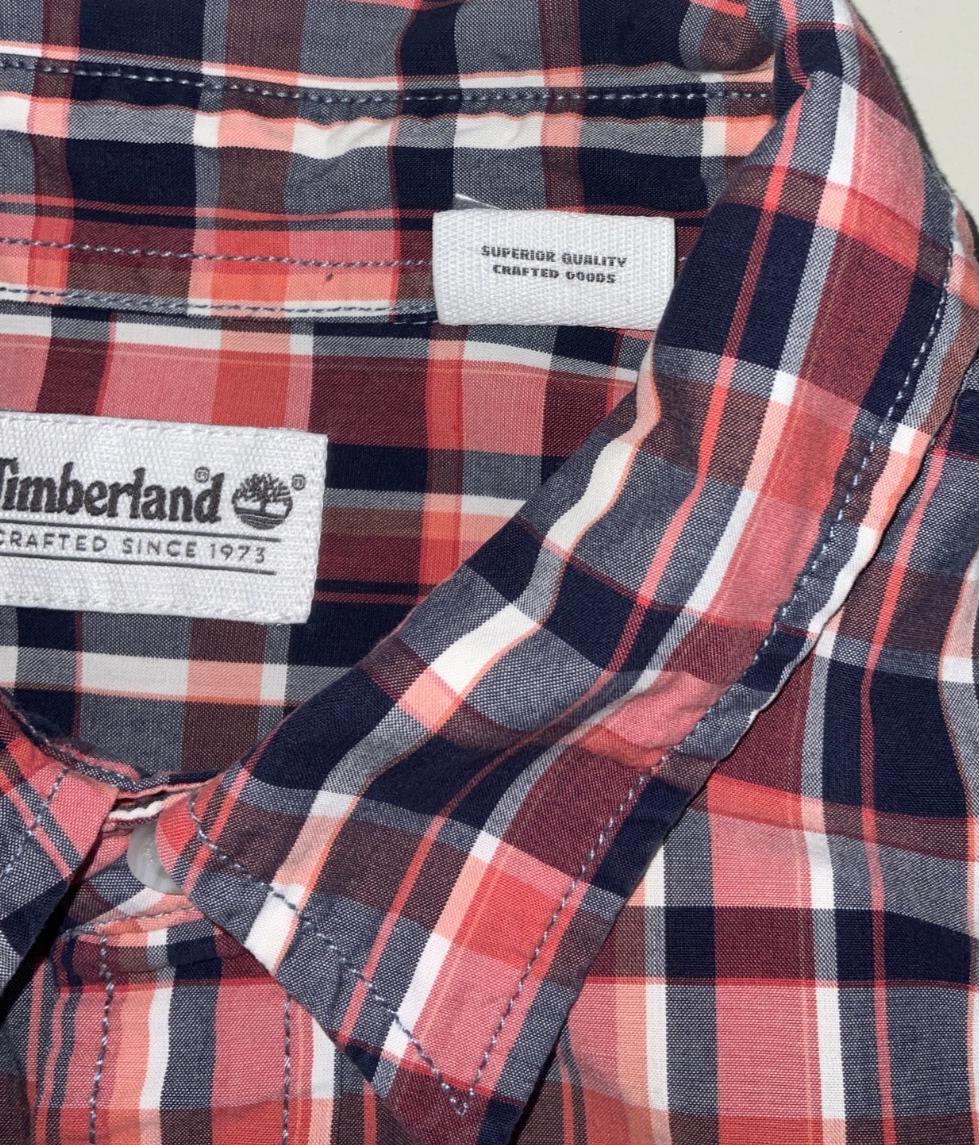 VTG 90S TIMBERLAND RED BLUE WHITE PLAID SHORT SLEEVED SHIRT XL