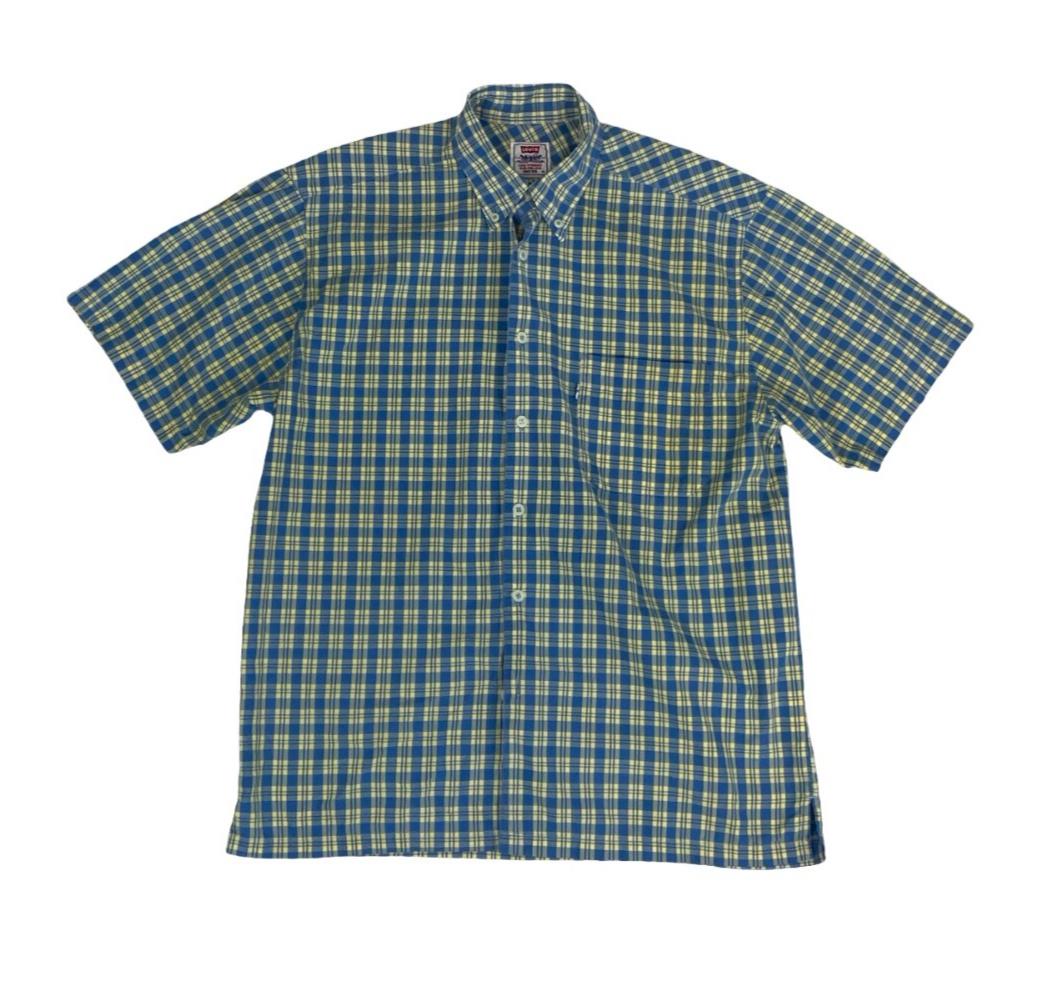 VTG 90S LEVI'S BLUE YELLOW PLAID CASUAL SHORT SLEEVED BUTTON DOWN SHIRT M 43"