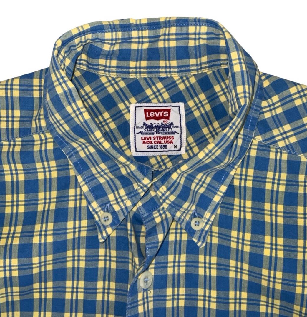 VTG 90S LEVI'S BLUE YELLOW PLAID CASUAL SHORT SLEEVED BUTTON DOWN SHIRT M 43"