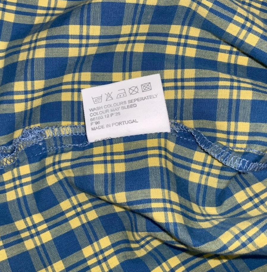 VTG 90S LEVI'S BLUE YELLOW PLAID CASUAL SHORT SLEEVED BUTTON DOWN SHIRT M 43"