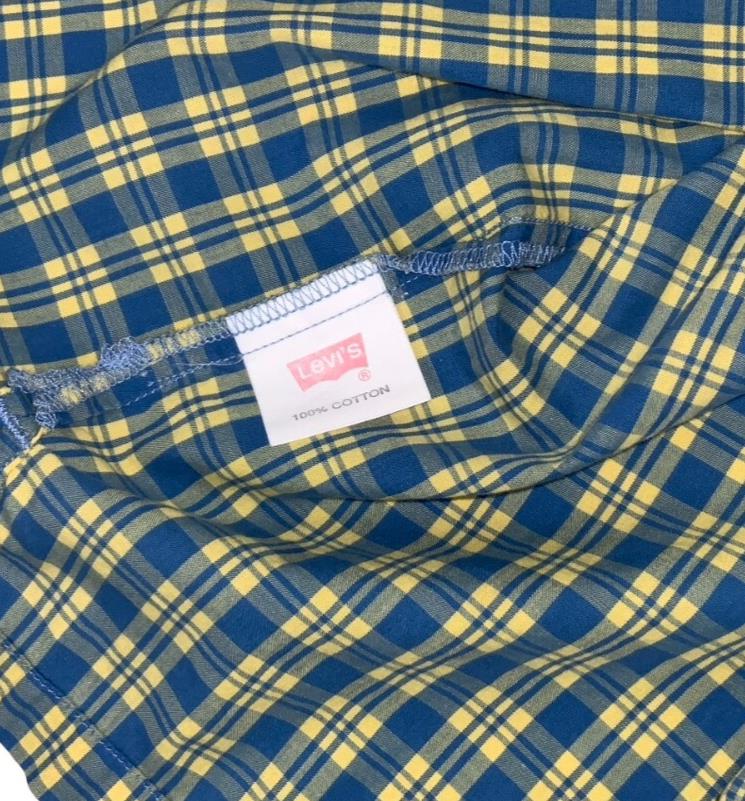 VTG 90S LEVI'S BLUE YELLOW PLAID CASUAL SHORT SLEEVED BUTTON DOWN SHIRT M 43"