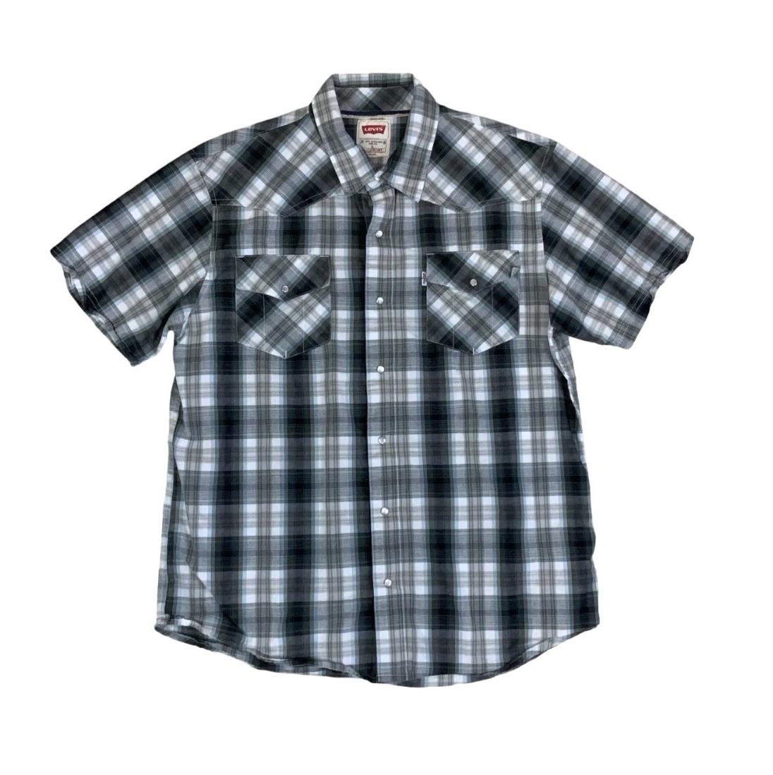 90S LEVI'S GREY BLUE WHITE STRIPE PEARL SNAP WESTERN SHIRT MEDIUM 43"