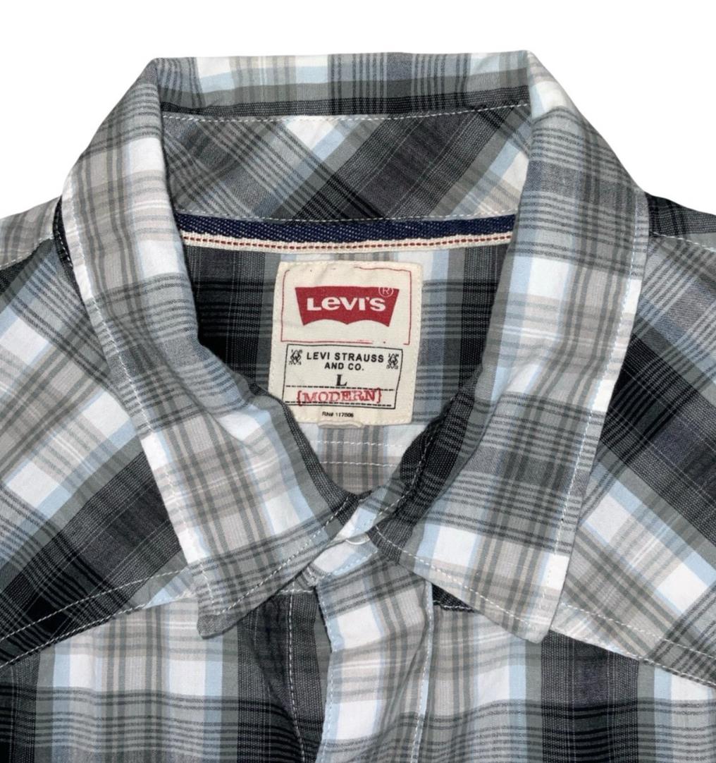 90S LEVI'S GREY BLUE WHITE STRIPE PEARL SNAP WESTERN SHIRT MEDIUM 43"