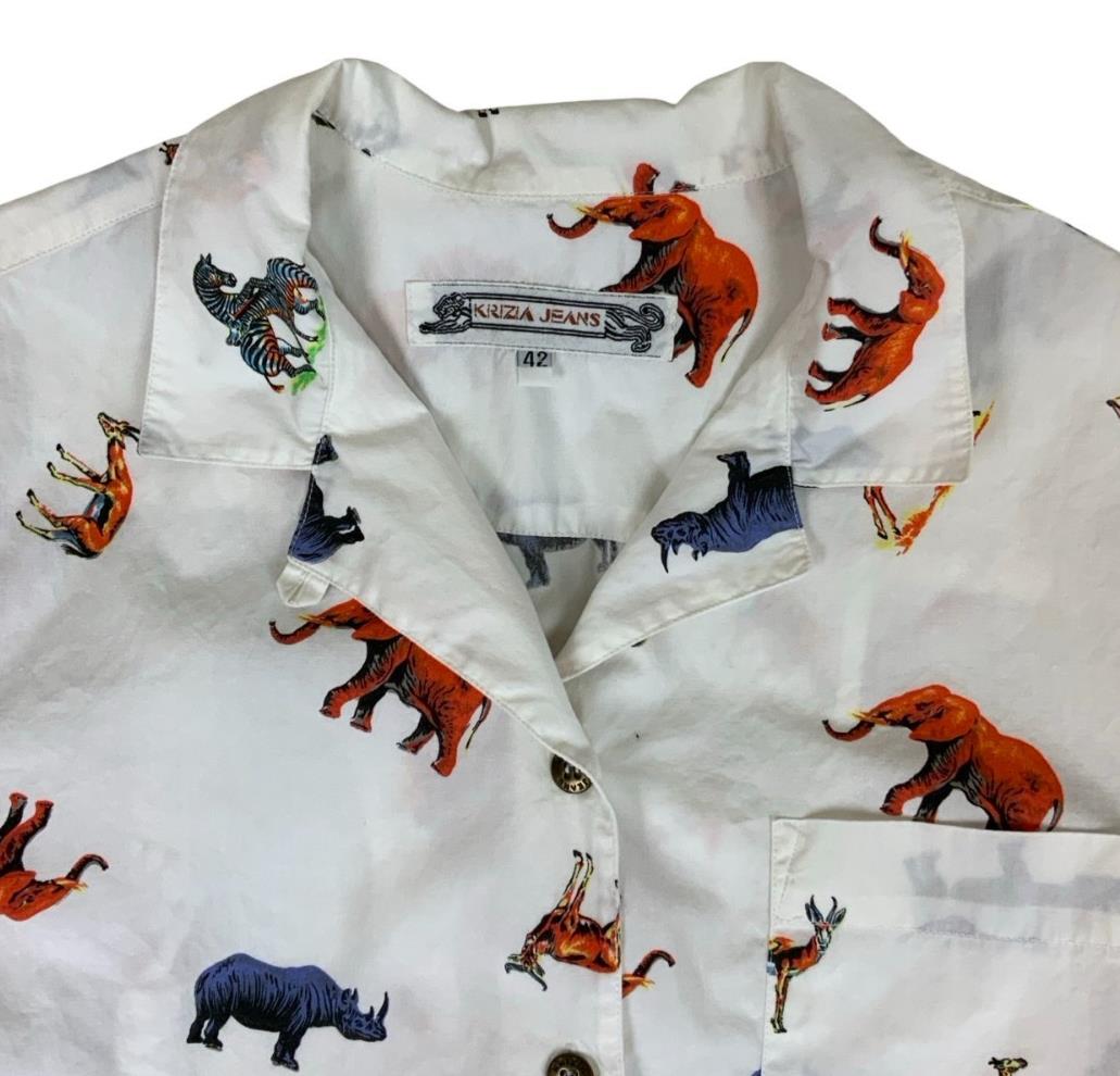 VTG 90s 00s KRIZIA WHITE ANIMAL SAFARI ZOO GRAPHIC BUTTON-UP SHIRT M 12