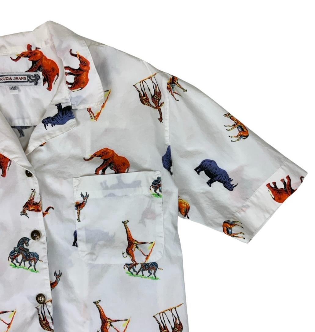 VTG 90s 00s KRIZIA WHITE ANIMAL SAFARI ZOO GRAPHIC BUTTON-UP SHIRT M 12